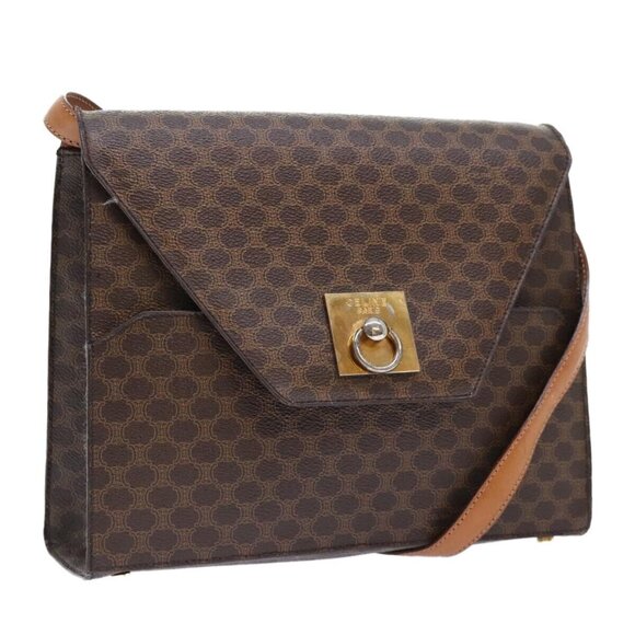 CELINE Macadam Canvas Shoulder Bag PVC Leather Brown Gold Auth 89825 - Picture 1 of 16